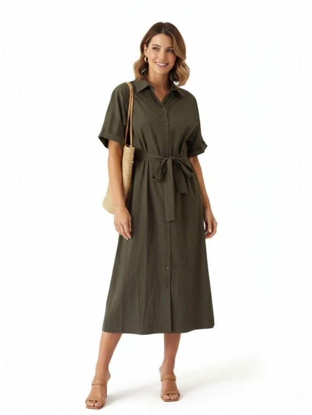 La Fée Maraboutée NWT Khaki Tie Waist Elbow Sleeve Midi Shirt Dress MSRP $276